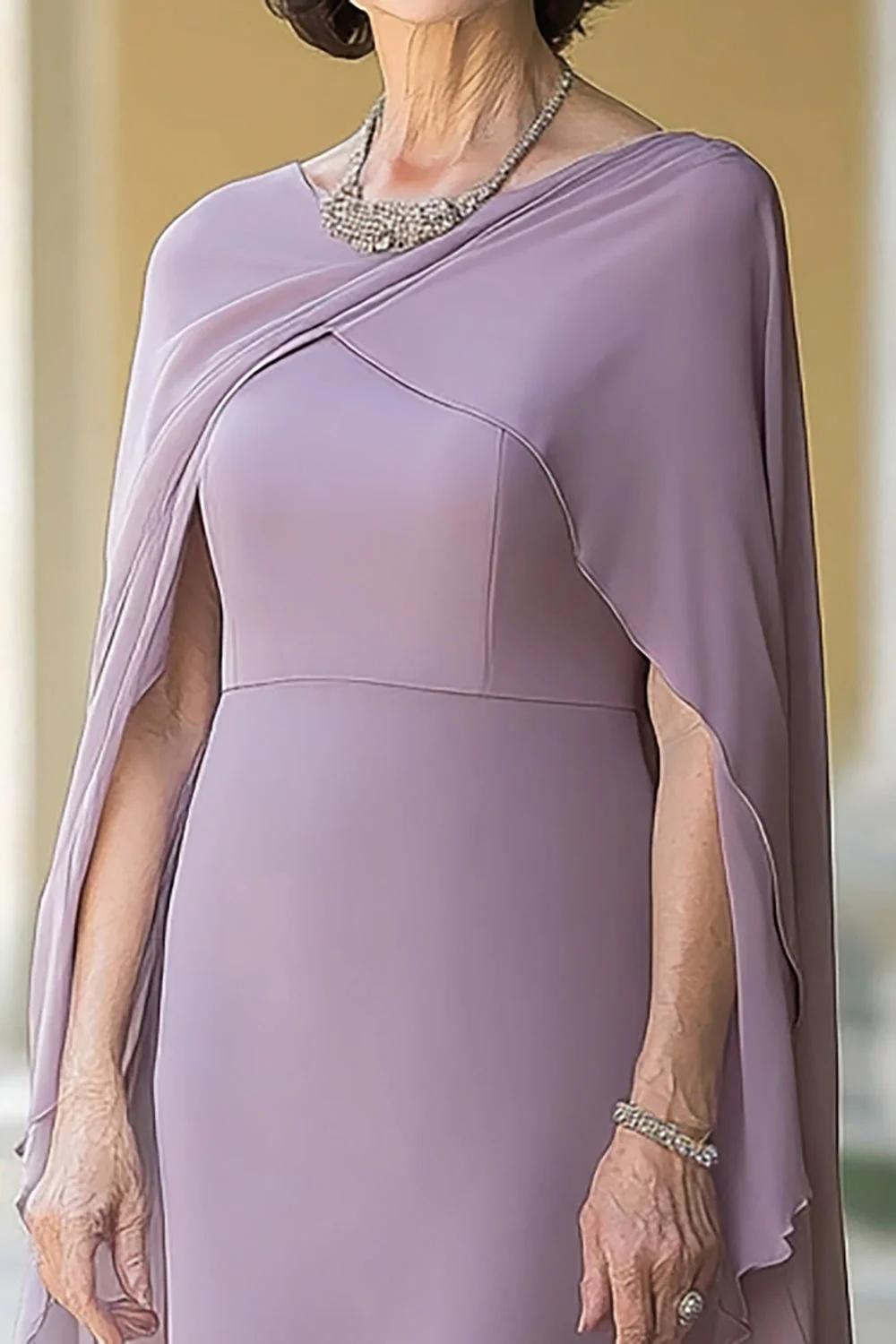 Lilac Sheath Chiffon Long Mother of the Bride Dress with Cape Sleeves - VNBITS