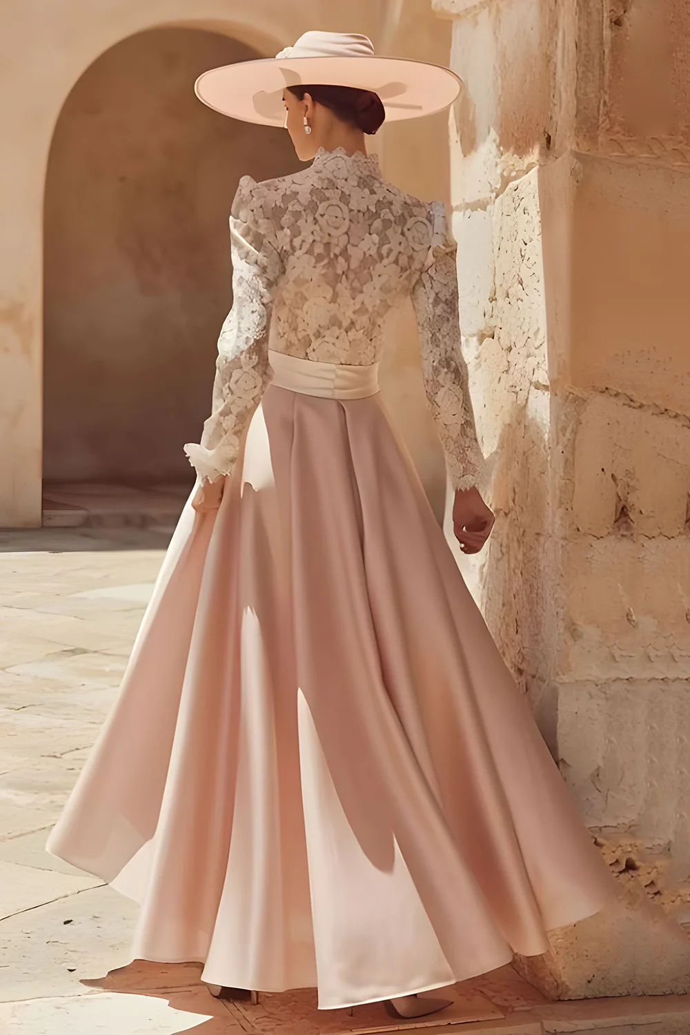 Candy Pink High Neck A Line Long Mother of the Bride Dress with Lace - VNBITS
