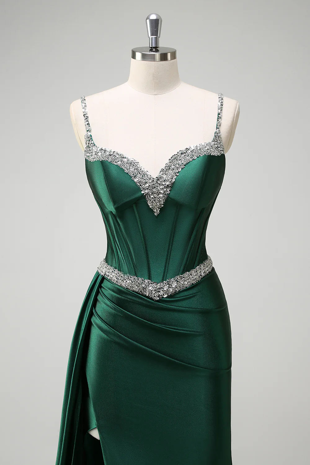 Dark Green Sequined Spaghetti Straps Mermaid Long Prom Dress with Slit - VNBITS