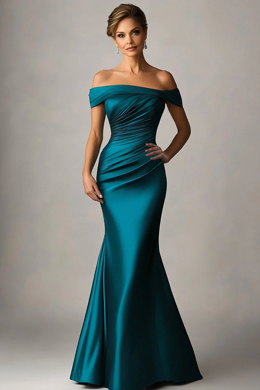 Peacock Blue Mermaid Off The Shoulder Ruched Satin Formal Dress - VNBITS