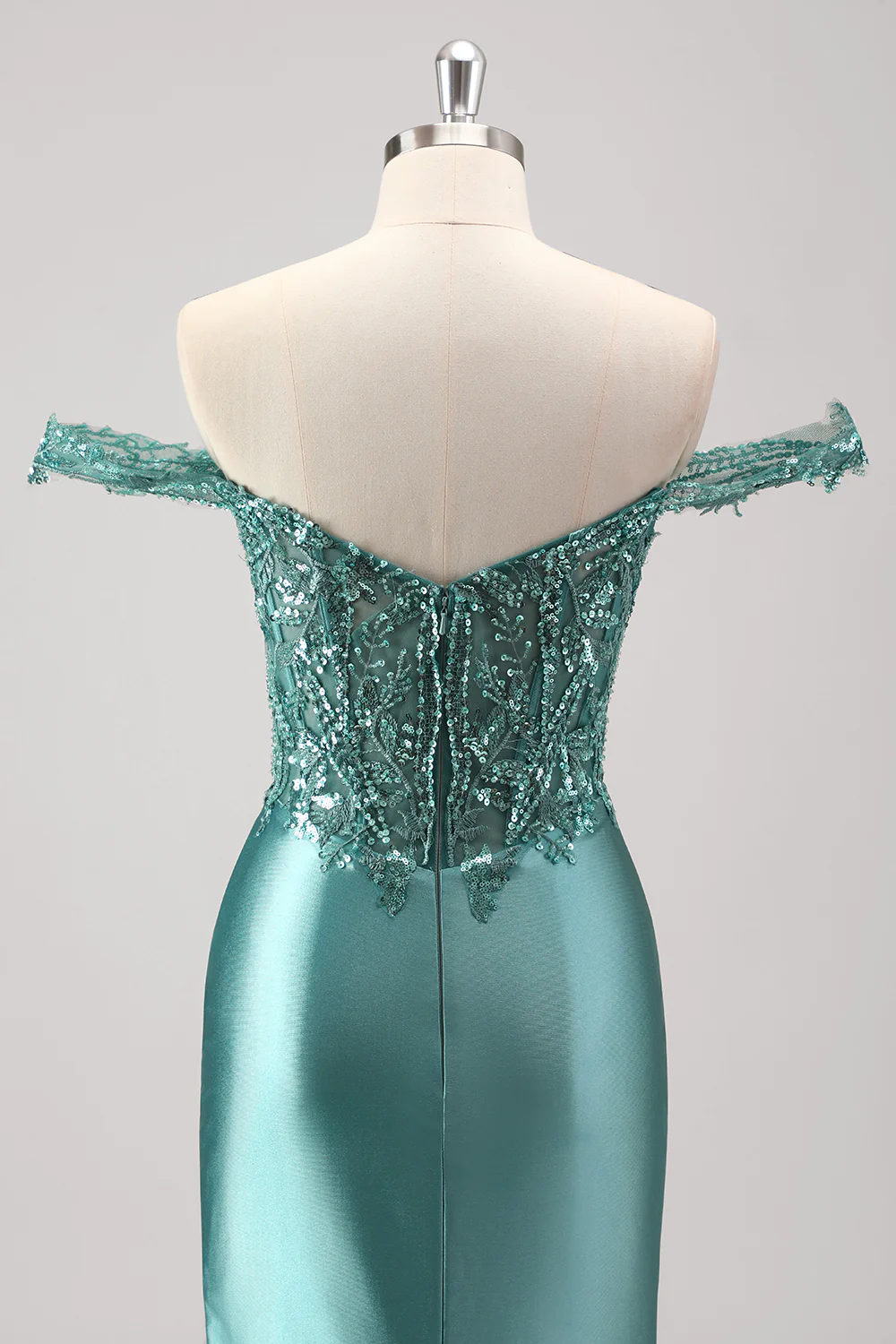 Grey Green Mermaid Applique Off The Shoulder Long Prom Dress with Slit - VNBITS