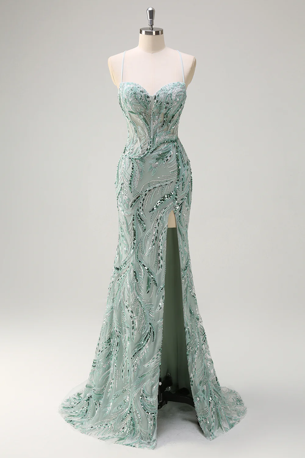Sparkly Sage Mermaid Sequined Beaded Spaghetti Straps Long Prom Dress - VNBITS