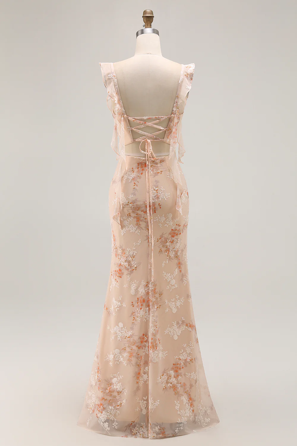Champagne Mermaid Floral Long Bridesmaid Dress with Slit - VNBITS