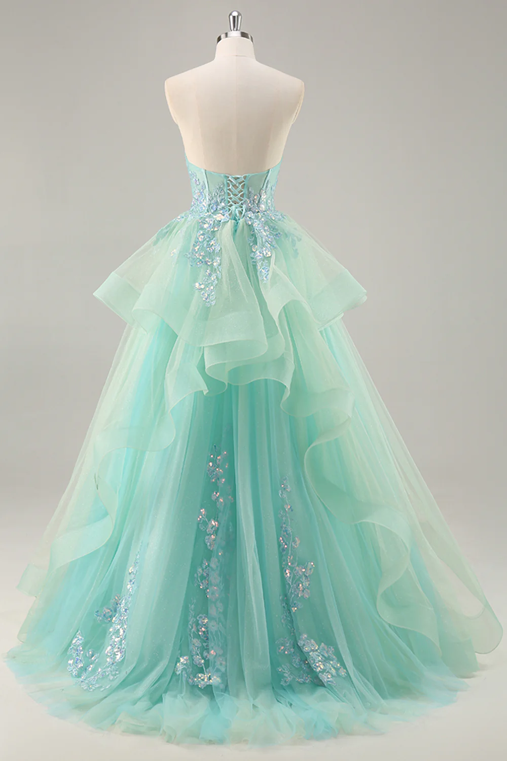 Sparkly Green Corset Strapless Long Prom Dress with Ruffles - VNBITS
