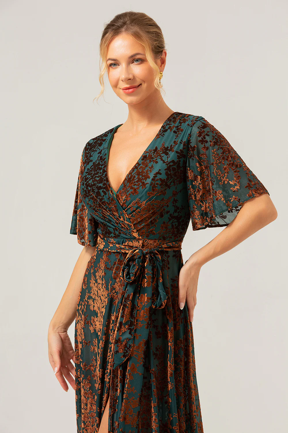 V-Neck Dark Green Mother of Bride Dress with Slit - VNBITS
