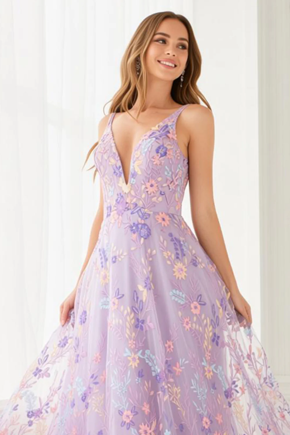 Lilac Floral A Line Embroidered V-Neck Long Prom Dress - VNBITS