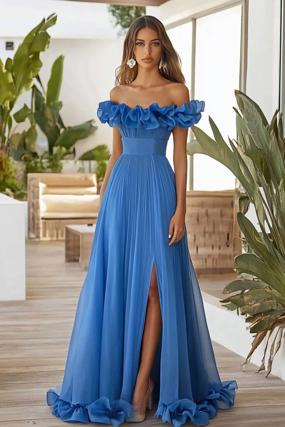 Blue Organza Long A Line Off the Shoulder Prom Dress with Slit - VNBITS