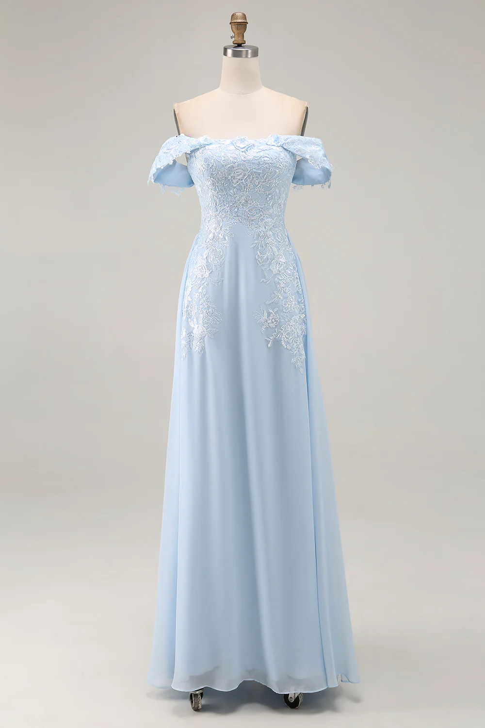 Sky Blue Off the Shoulder Chiffon Sheath Long Mother of the Bride Dress with Appliques - VNBITS