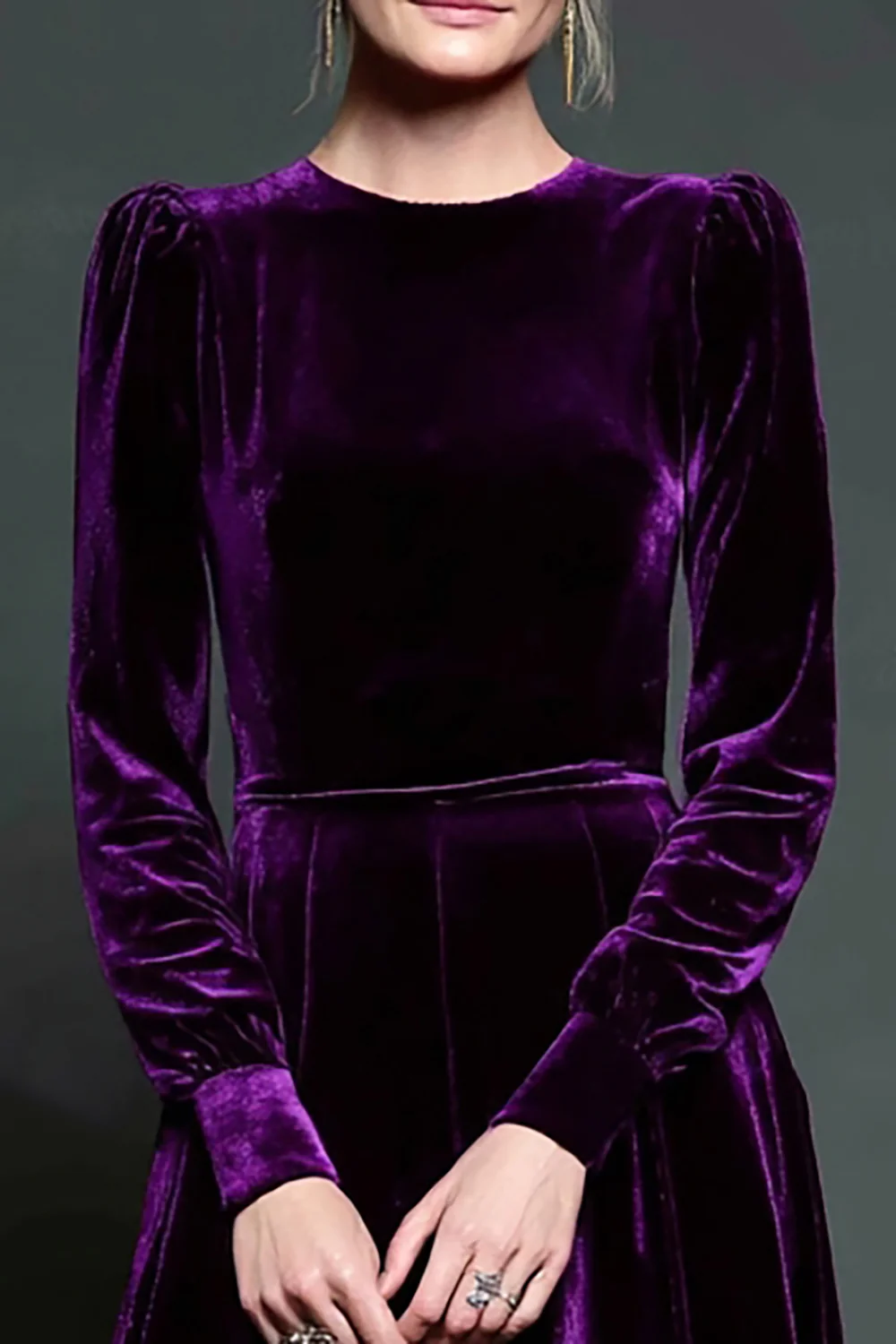 Simple Dark Purple Velvet A Line Long Holiday Party Dress with Sleeves - VNBITS