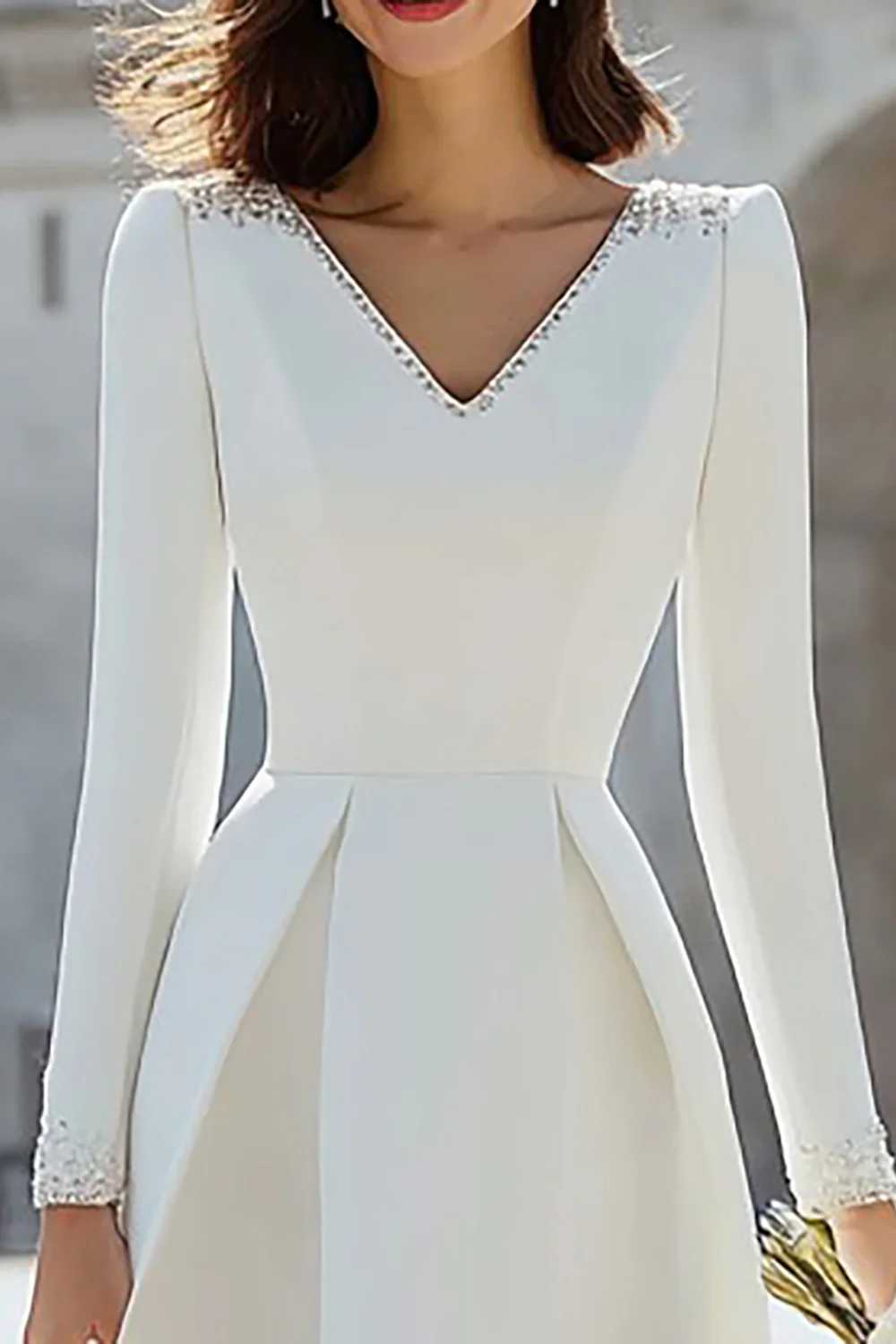 Sparkly Ivory A Line V-Neck Midi Engagement Dress with Sleeves - VNBITS