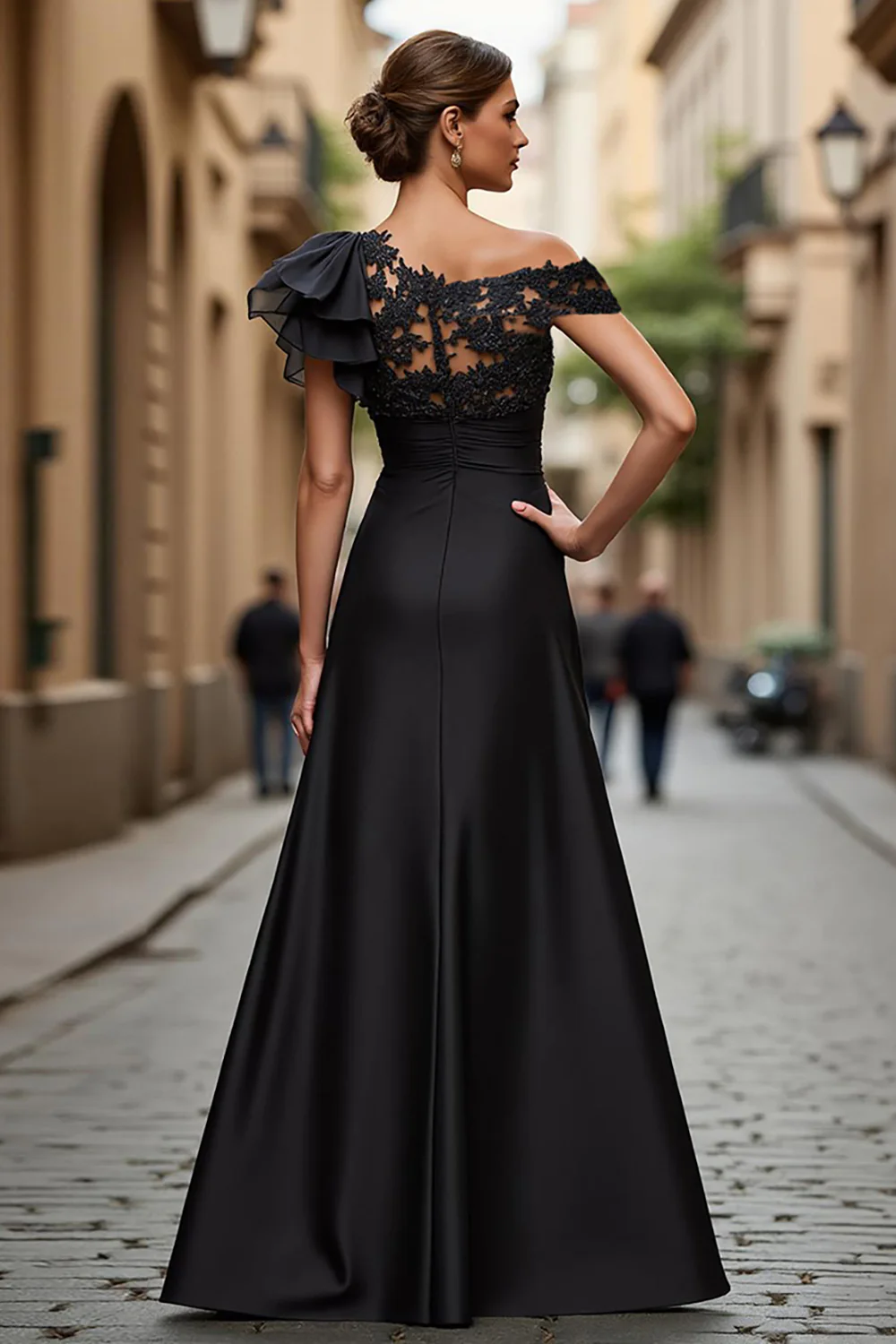 Black Chiffon Ruffled One Shoulder Long Mother of the Bride Dress with Lace - VNBITS