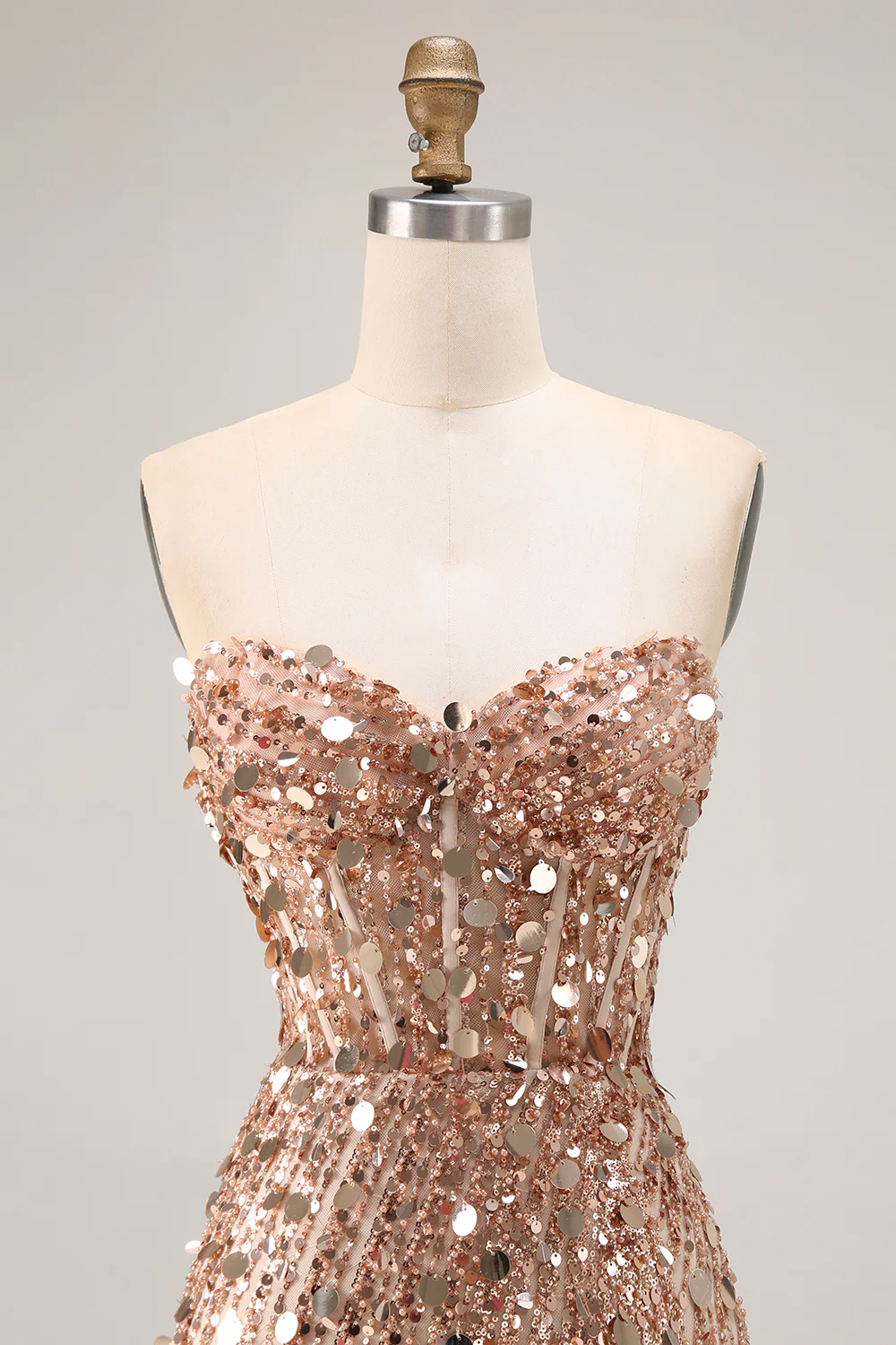 Sparkly Champagne Corset Beaded Long Prom Dress with Slit - VNBITS