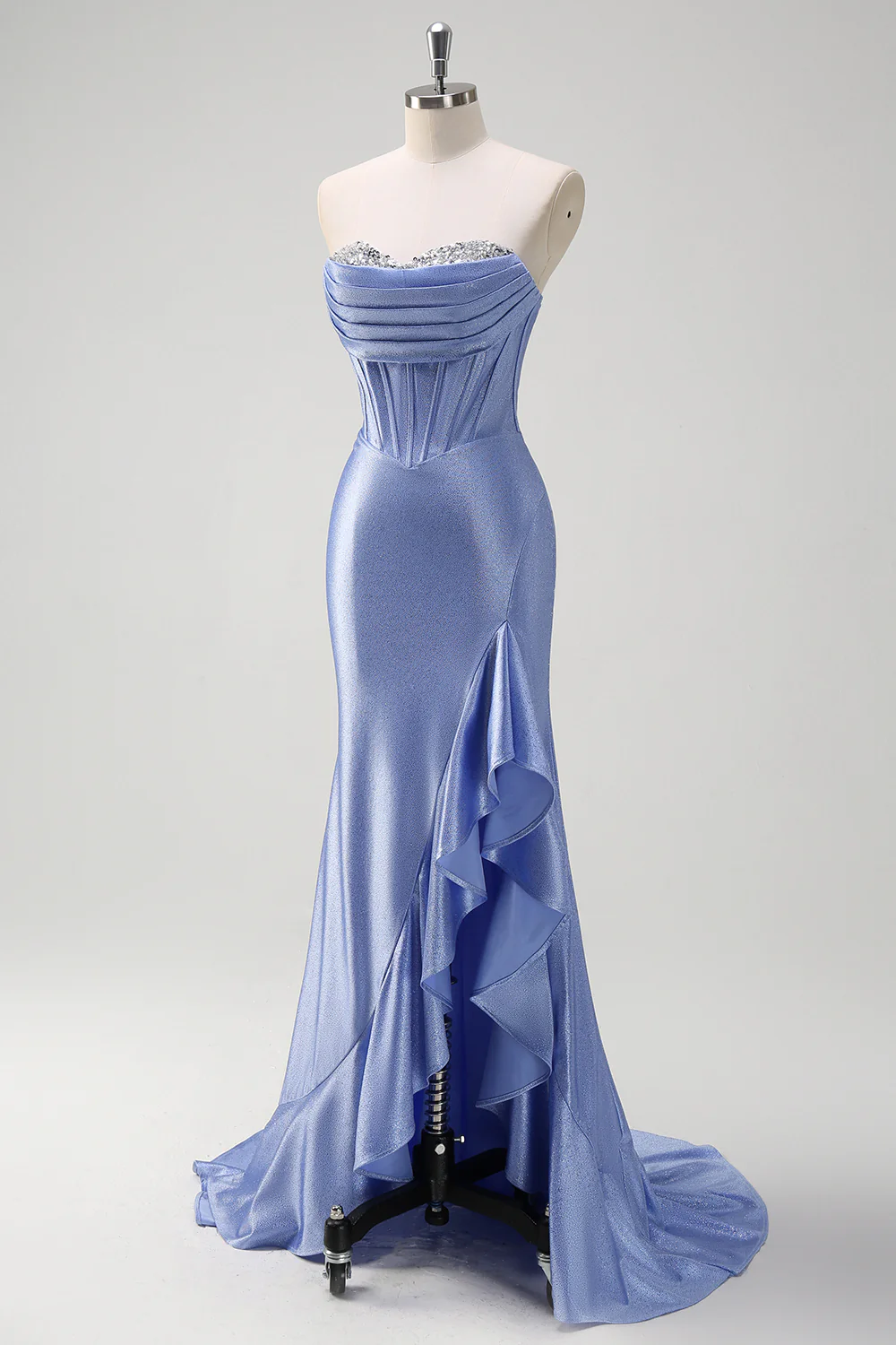 Sparkly Grey Blue Sweetheart Mermaid Long Prom Dress with Ruffles - VNBITS