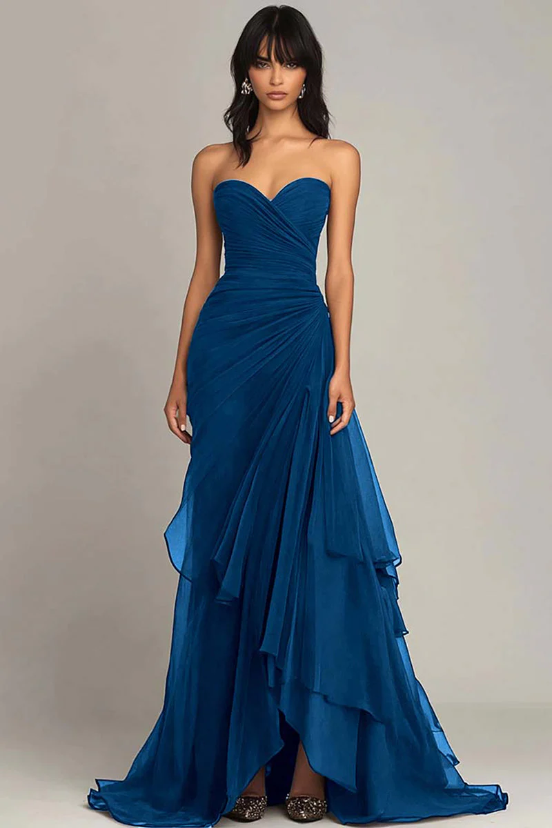 Black Sweetheart Ruched Ruffled Long Formal Dress - VNBITS