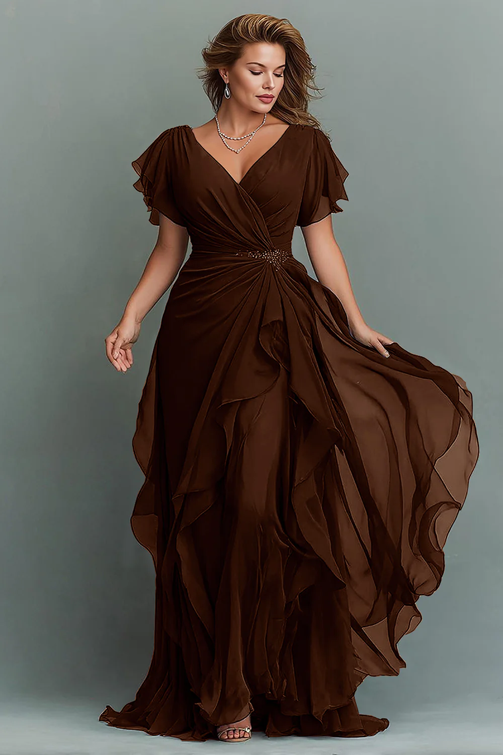 Navy Chiffon V-Neck Ruched Long  with Ruffles - VNBITS