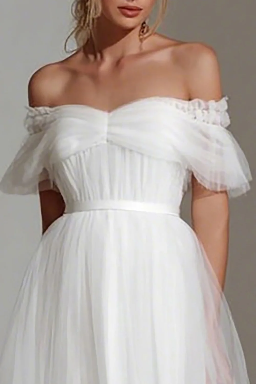 White Tulle Off the Shoulder A Line Midi Engagement Dress - VNBITS