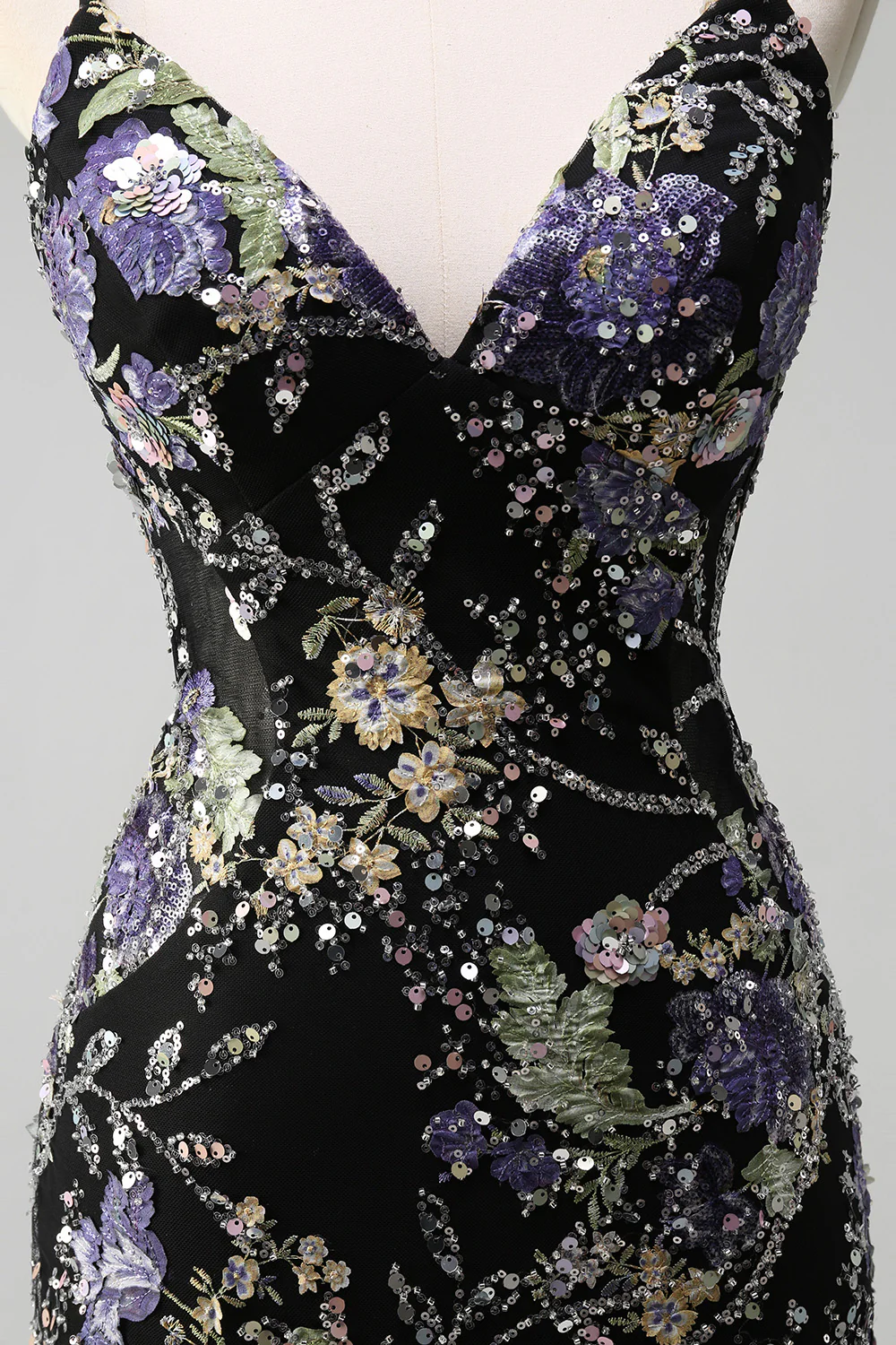 Sparkly Black Floral Mermaid Lace-Up Back Long Prom Dress - VNBITS