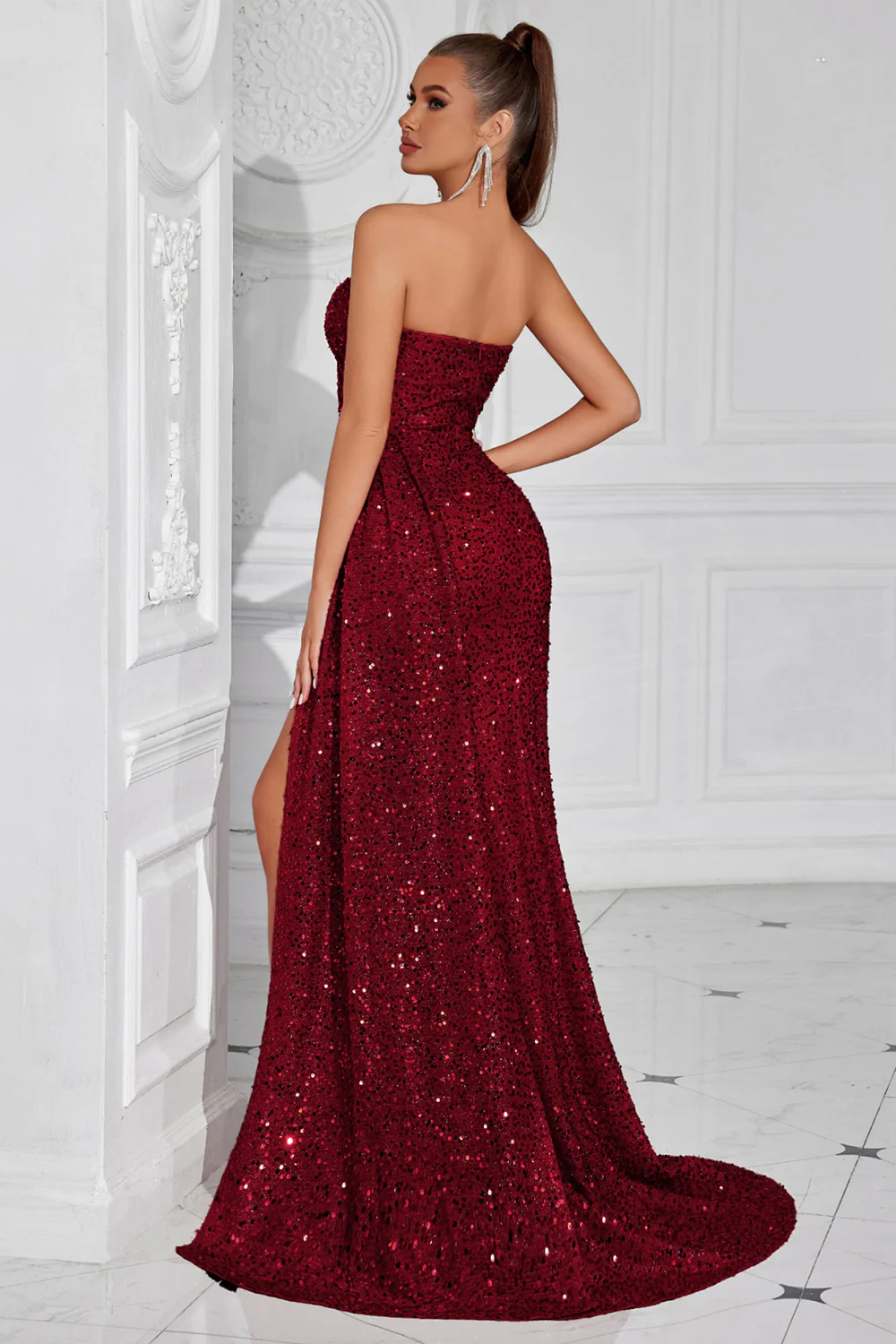 Sparkly Burgundy Sequin Sweetheart Long Prom Dress with Side Cape - VNBITS