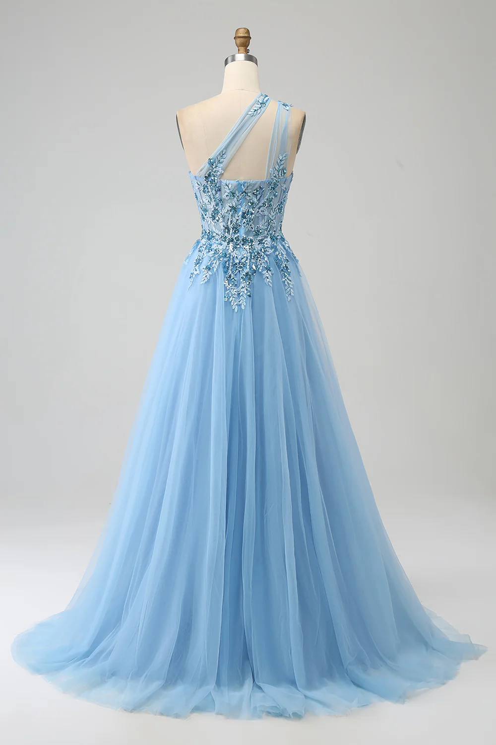 Light Blue A-Line One Shoulder Sequin Prom Dress with Appliques - VNBITS