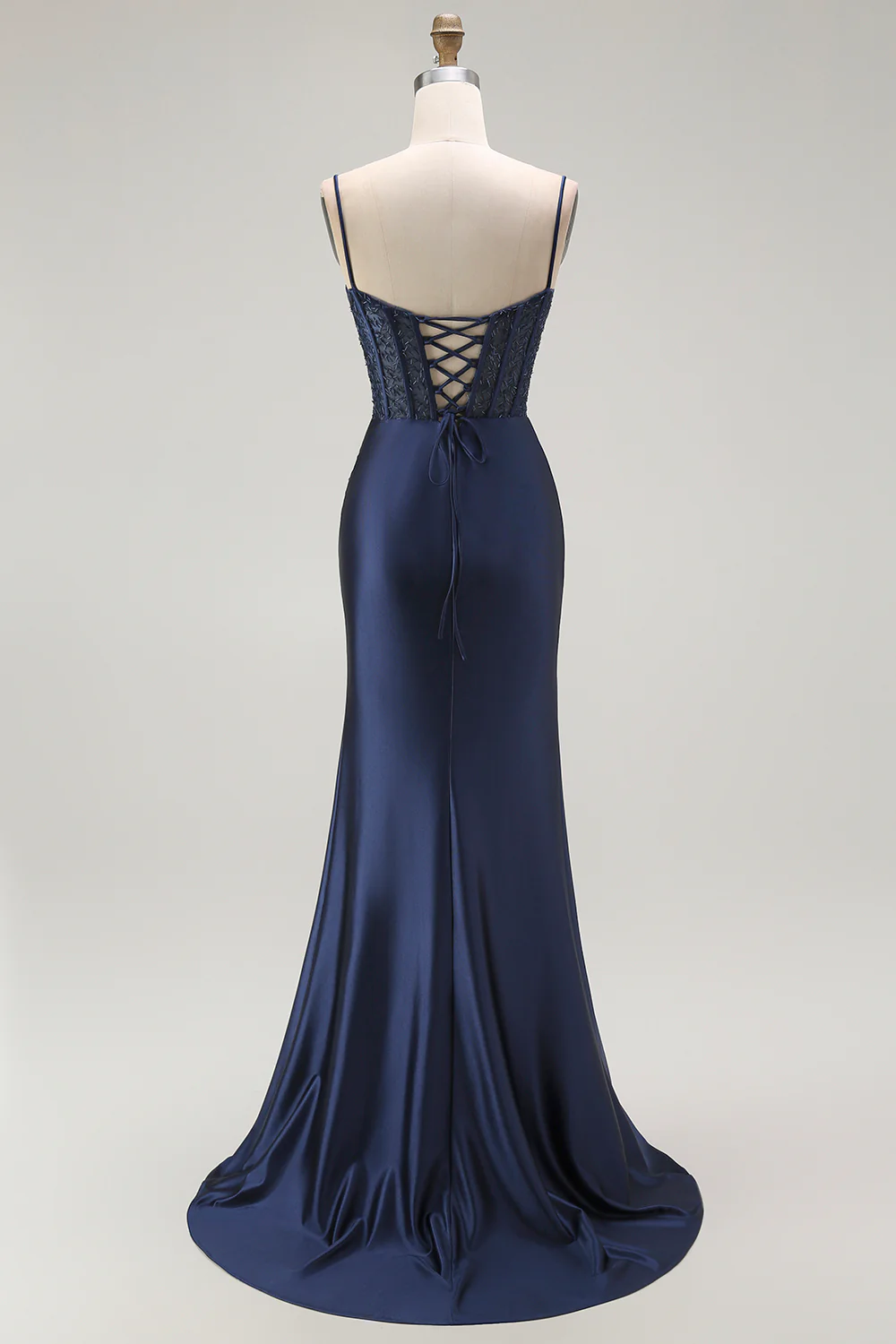 Sparkly Navy Satin Mermaid Long Corset Prom Dress with Beading - VNBITS