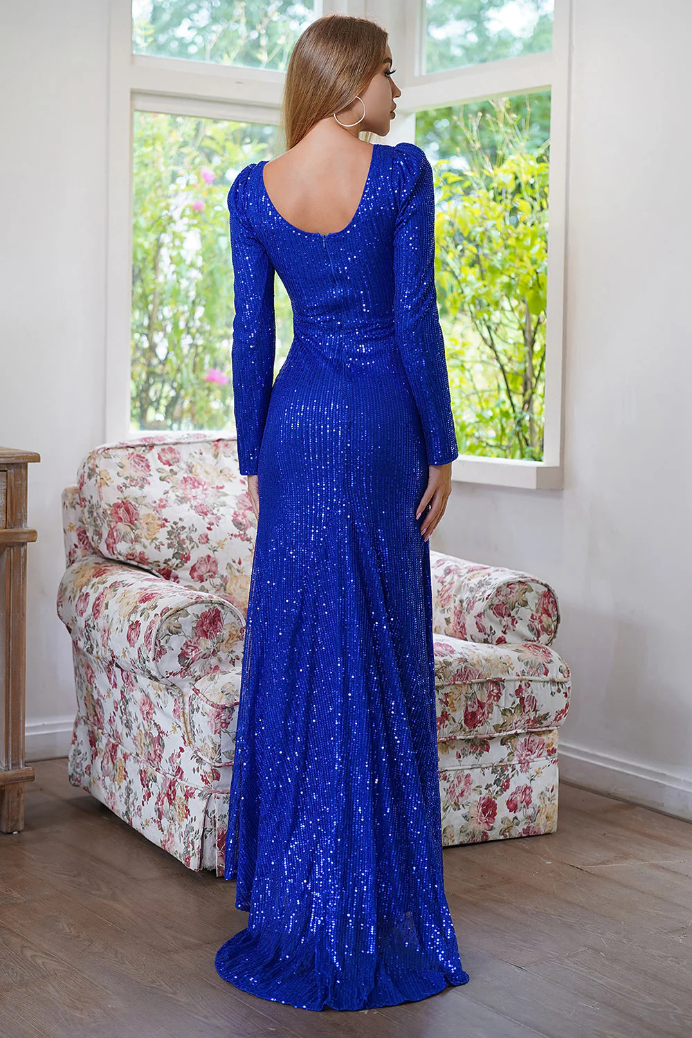 Sparkly Mermaid Long Sleeves Royal Blue Prom Dress with Slit - VNBITS
