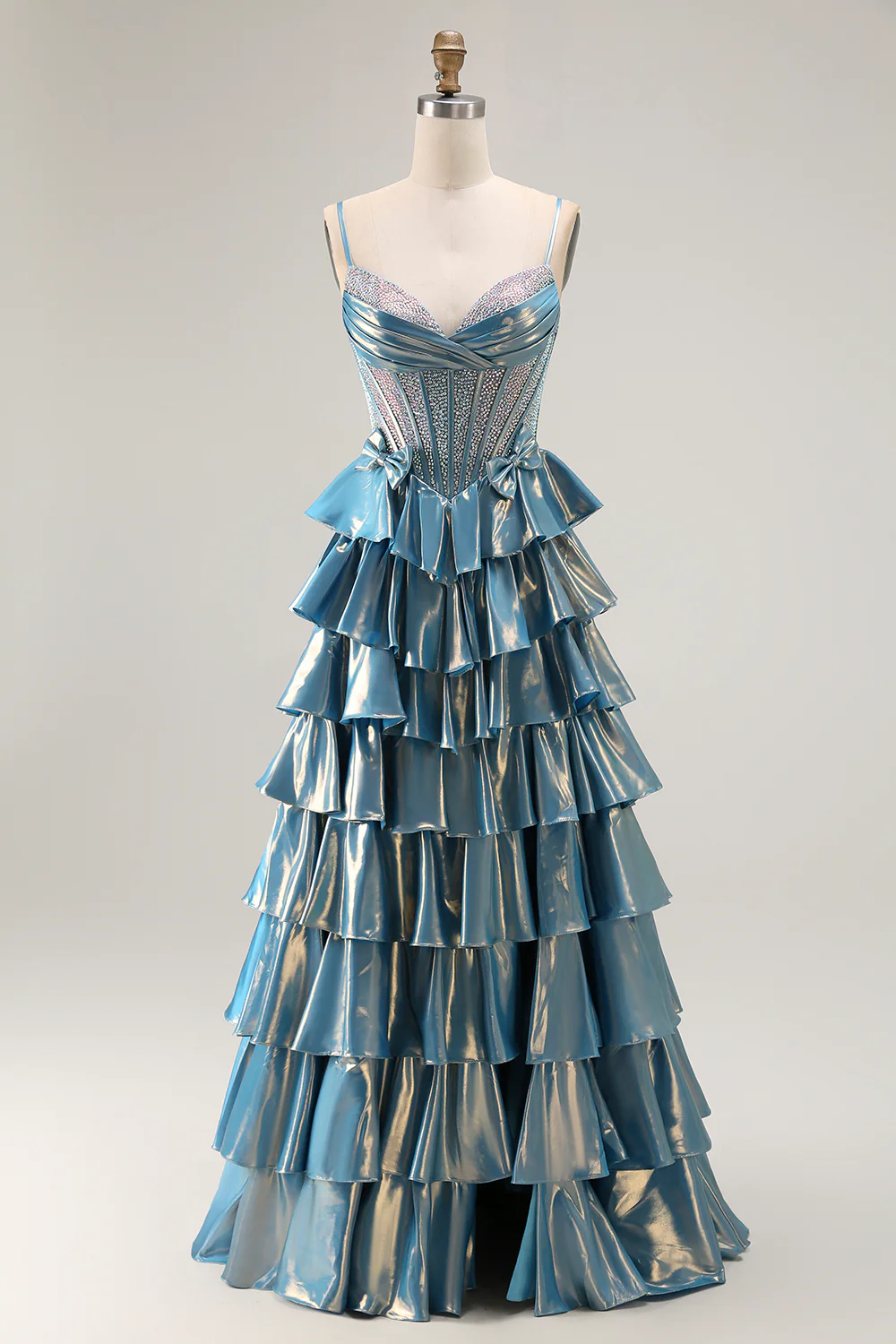Sparkly Blue Ruffled Metallic Corset Beaded Long Prom Dress with Bow - VNBITS