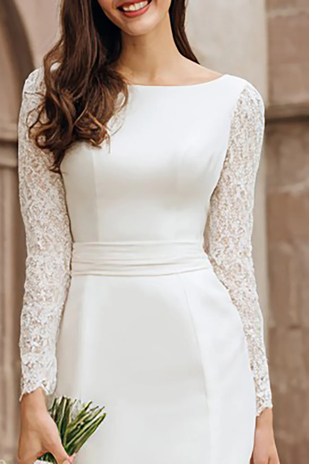 Ivory Bodycon Boat Neck Midi Wedding Reception Dress with Lace - VNBITS