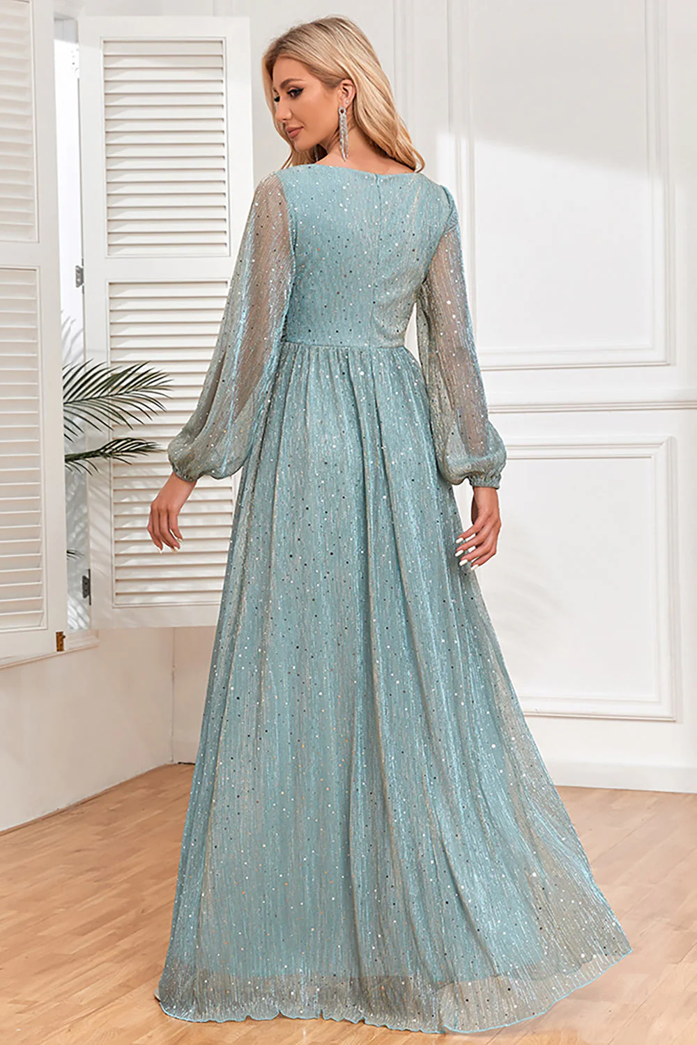 A-Line Sequins Blue Formal Dress with Long Sleeves - VNBITS