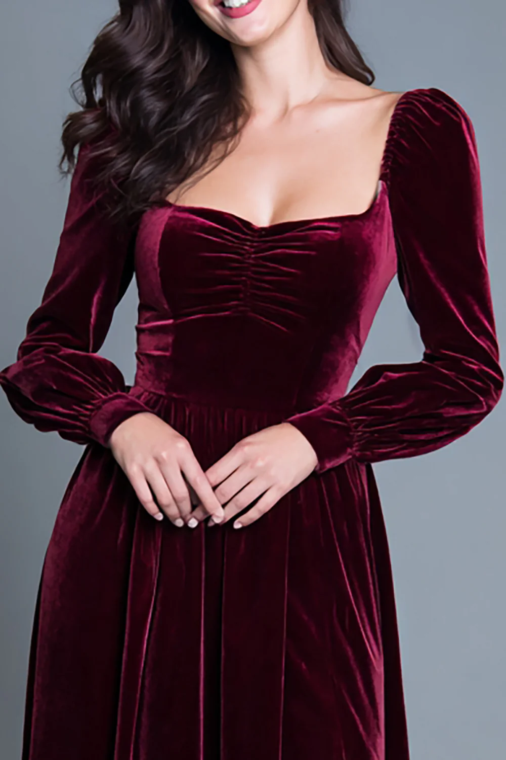 Burgundy Long Sleeves A-Line Velvet Long Holiday Party Dress with Slit - VNBITS