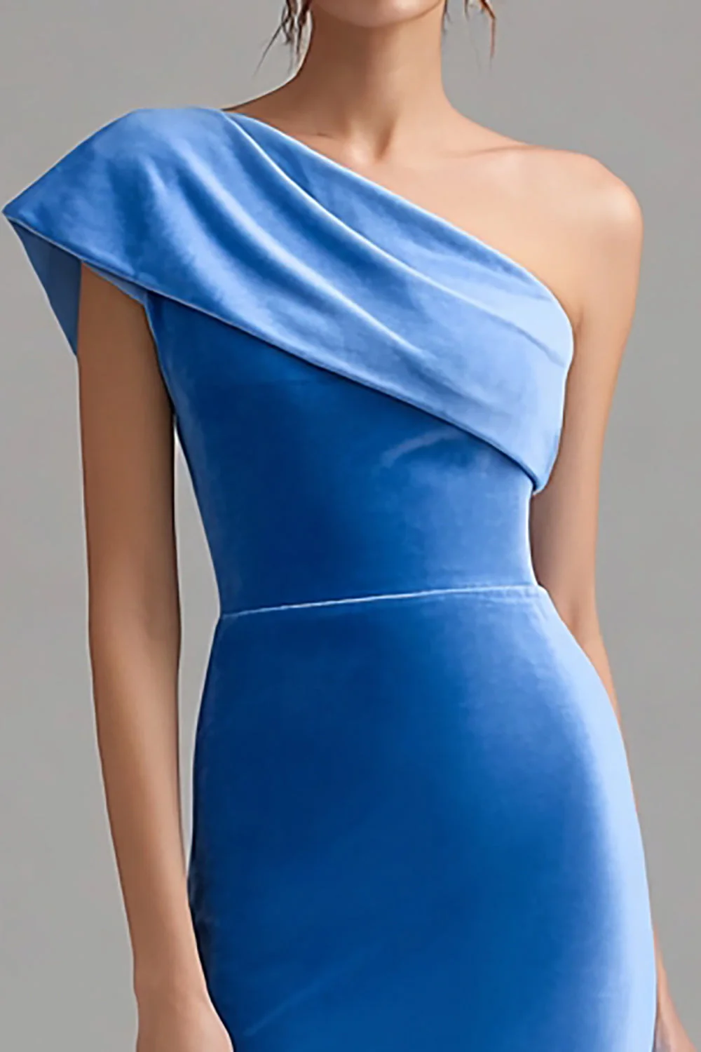 Blue Velvet Bodycon One Shoulder Midi Holiday Party Dress with Slit - VNBITS