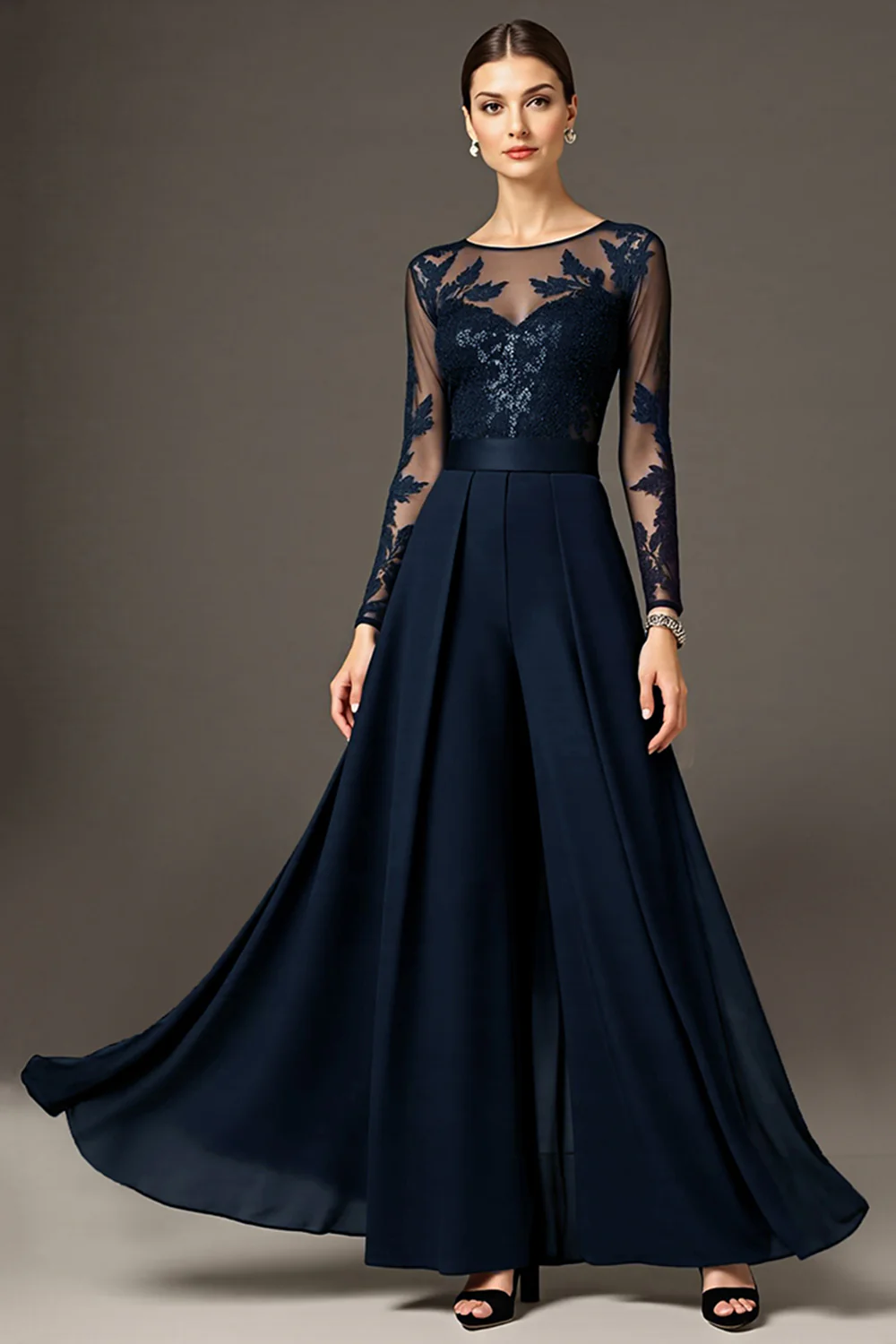 Black A Line Chiffon Long Mother of the Bride Jumpsuits with Lace - VNBITS