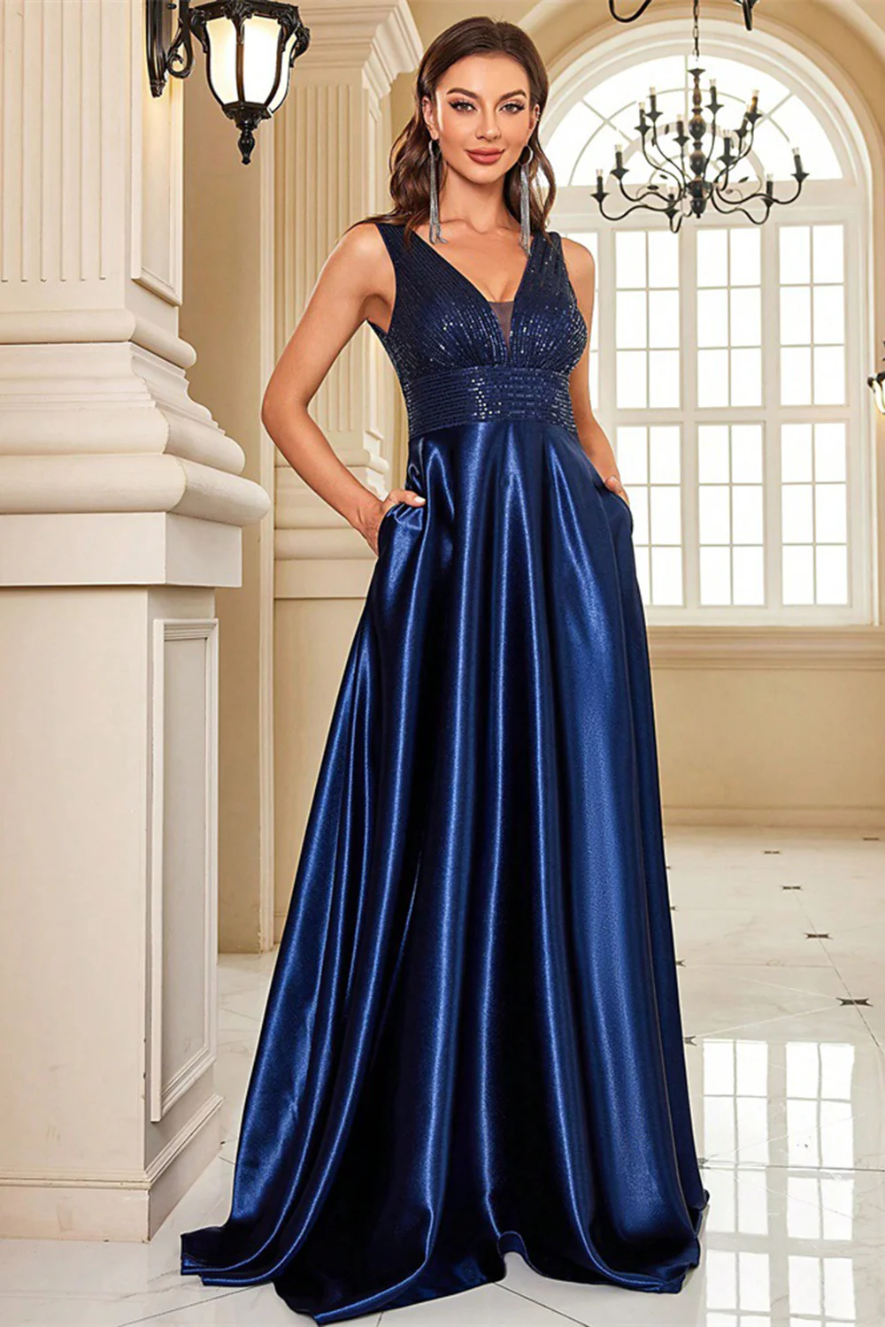 Sparkly Navy A Line Satin V-Neck Long Prom Dress with Beading - VNBITS