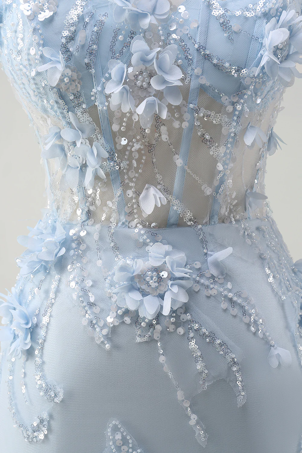 Sparkly Blue Mermaid Long Prom Dress with 3D Flowers - VNBITS