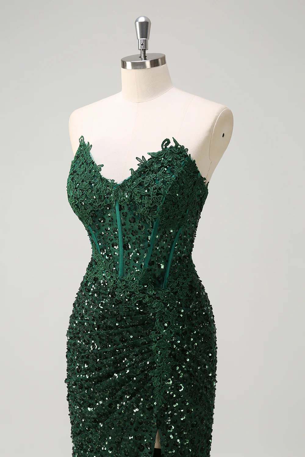 Dark Green Floral Sequined Mermaid Strapless Long Prom Dress with Slit - VNBITS