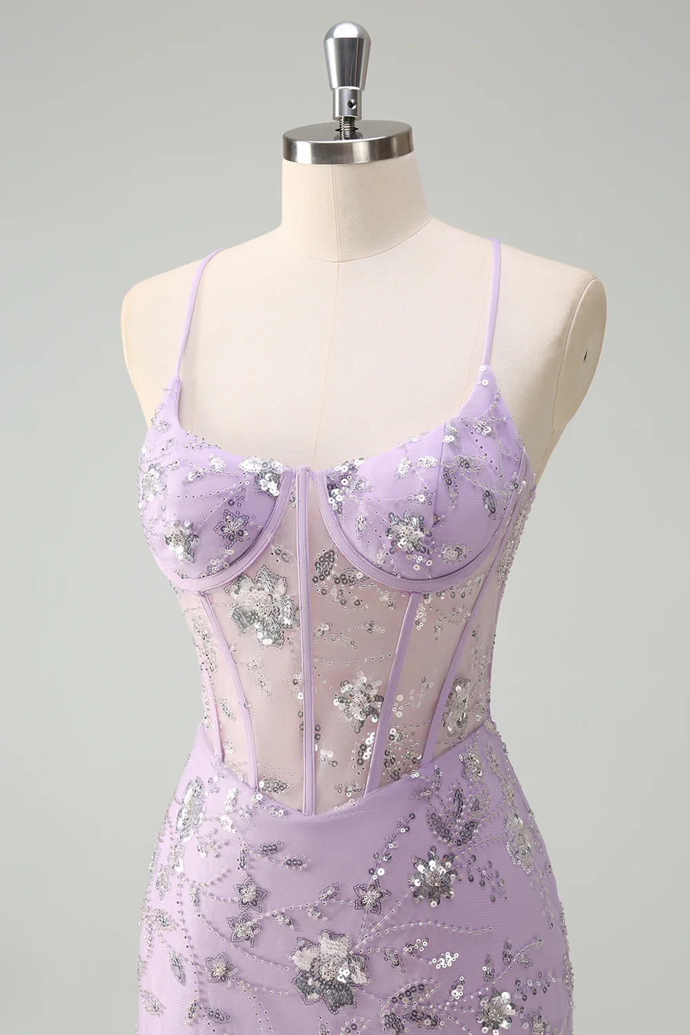 Sparkly Lilac Mermaid Spaghetti Straps Prom Dress with Slit - VNBITS