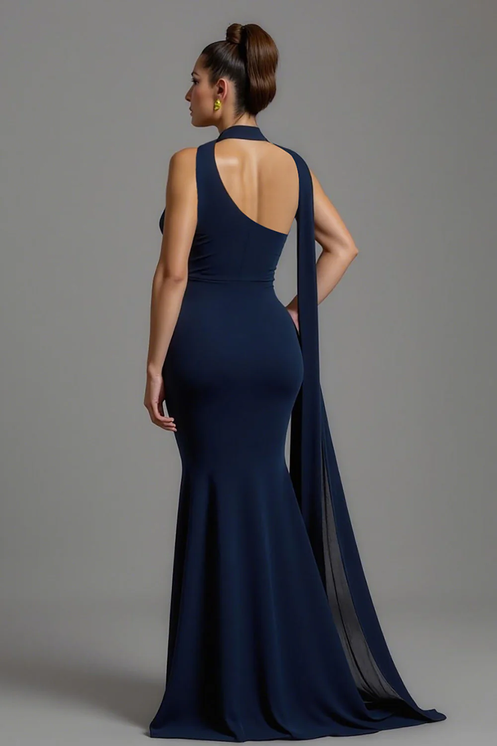 Navy Satin Mermaid Neck Scarf Long Formal Dress - VNBITS