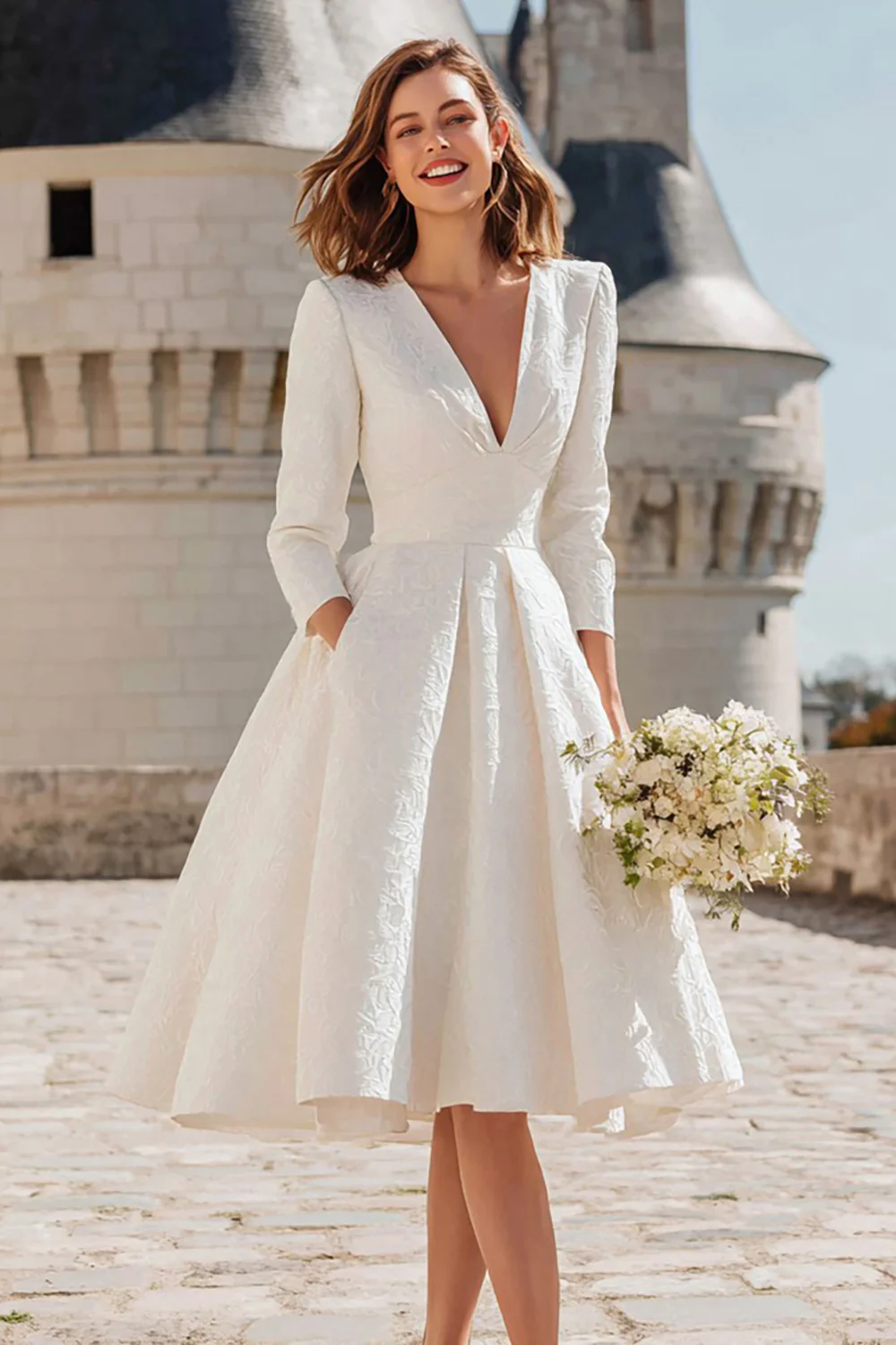 Ivory V-Neck A Line Midi Bridal Dress with Pockets - VNBITS