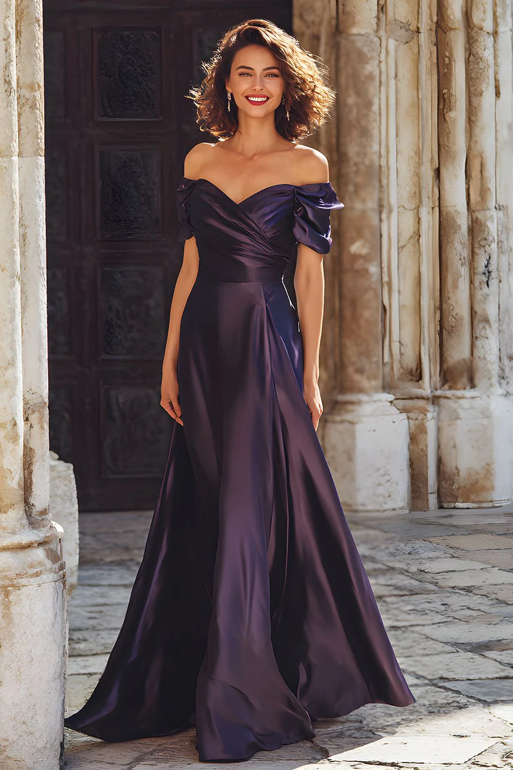 Plum Sheath Off the Shoulder Long Mother of the Bride Dress - VNBITS