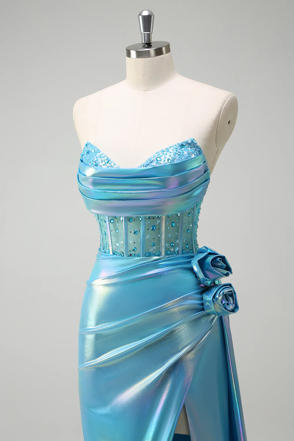 Sparkly Blue Flower Strapless Mermaid Long Prom Dress with Slit - VNBITS
