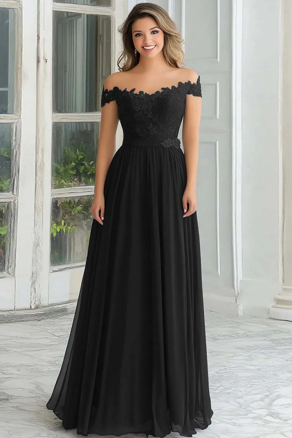 Elegant A-Line Navy Off the Shoulder Chiffon Long Mother Of the Bride Dress with Lace Appliques - VNBITS