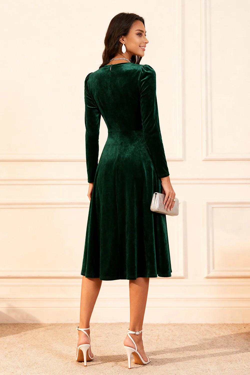 Dark Green A Line Velvet Midi Glitter Holiday Party Dress with Sleeves - VNBITS