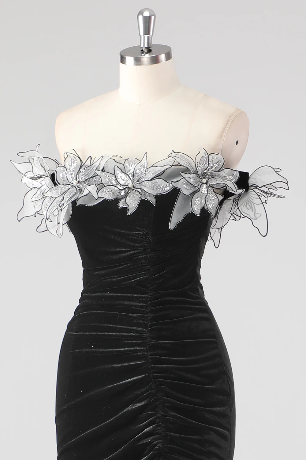 Black Velvet Sheath Formal Dress with 3D Flowers - VNBITS