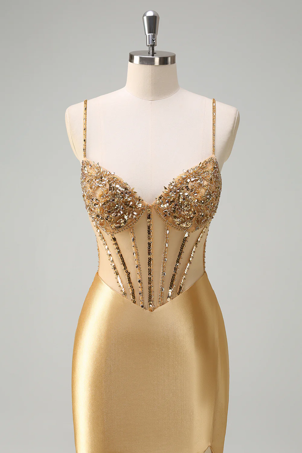 Golden Mermaid Sequined Spaghetti Straps Long Prom Dress with Slit - VNBITS
