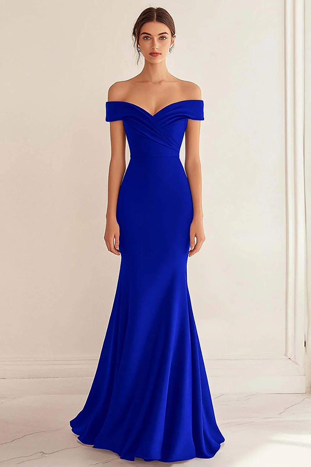 Navy Satin Off the Shoulder Sheath Long Formal Dress - VNBITS