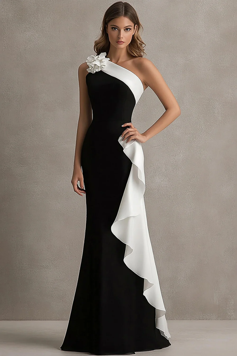 Black White One Shoulder Long Black Tie Dress with 3D Flowers - VNBITS