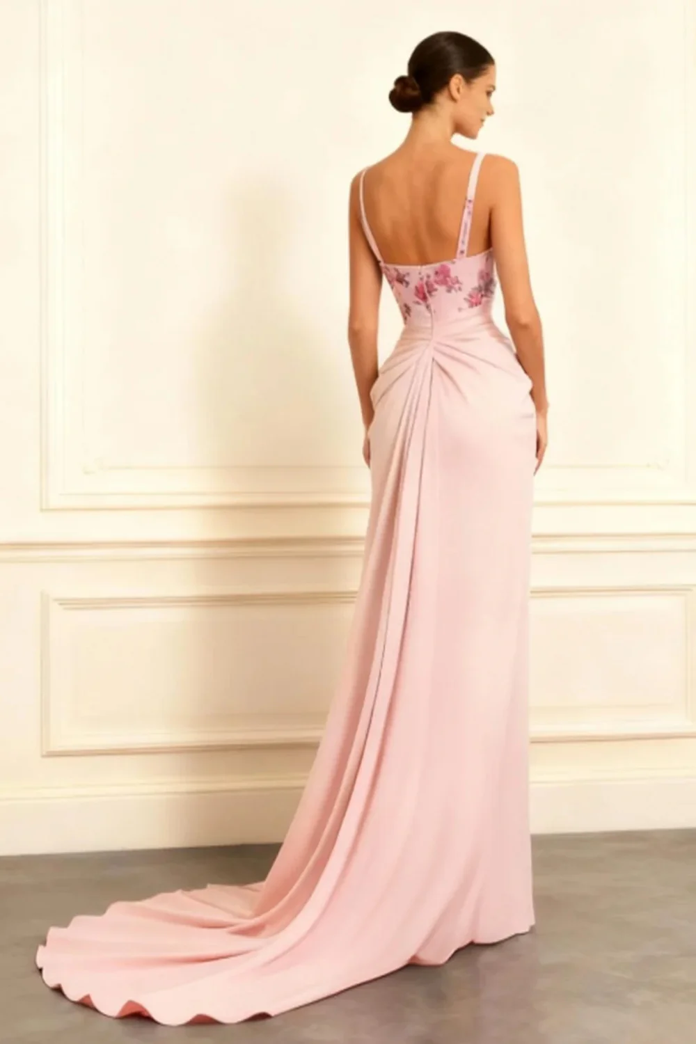Floral Dusty Rose Satin Sheath Ruched Long Prom Dress with Slit - VNBITS