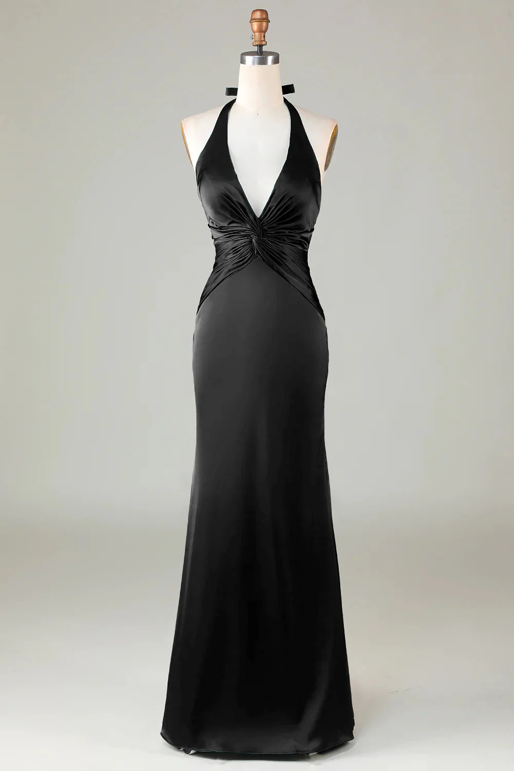 Mermaid Halter Dusty Blue Long Satin Bridesmaid Dress - VNBITS
