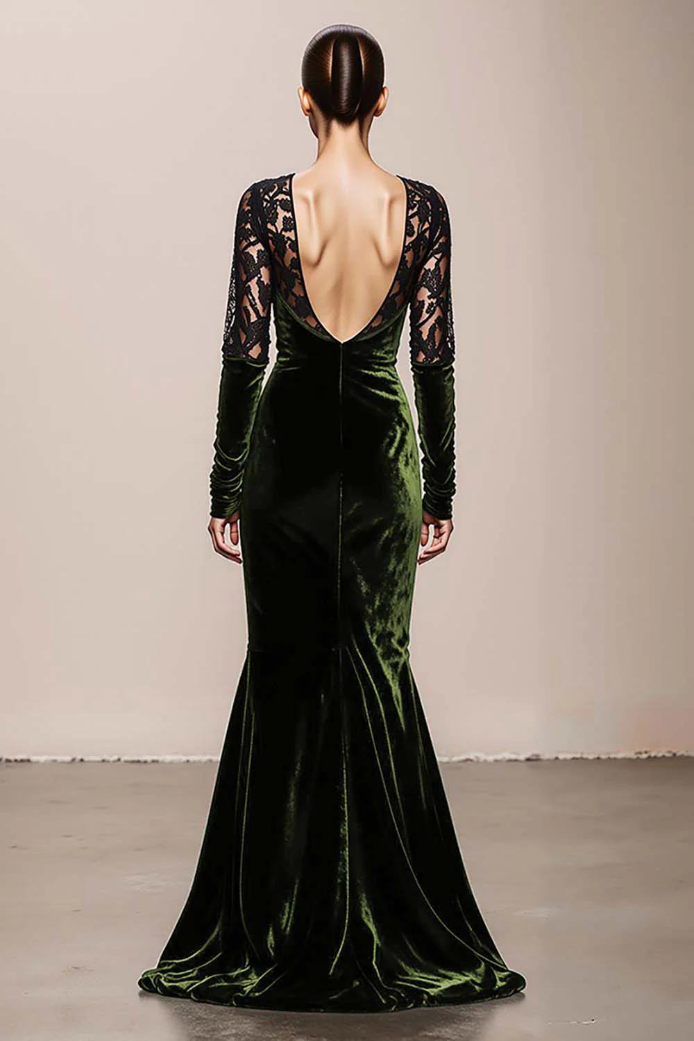 Dark Green V-Neck Velvet Mermaid Long Formal Dress with Lace - VNBITS