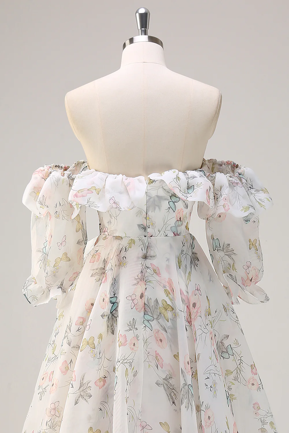 White Floral A-Line Off The Shoulder Ruffles Long Prom Dress with Slit - VNBITS