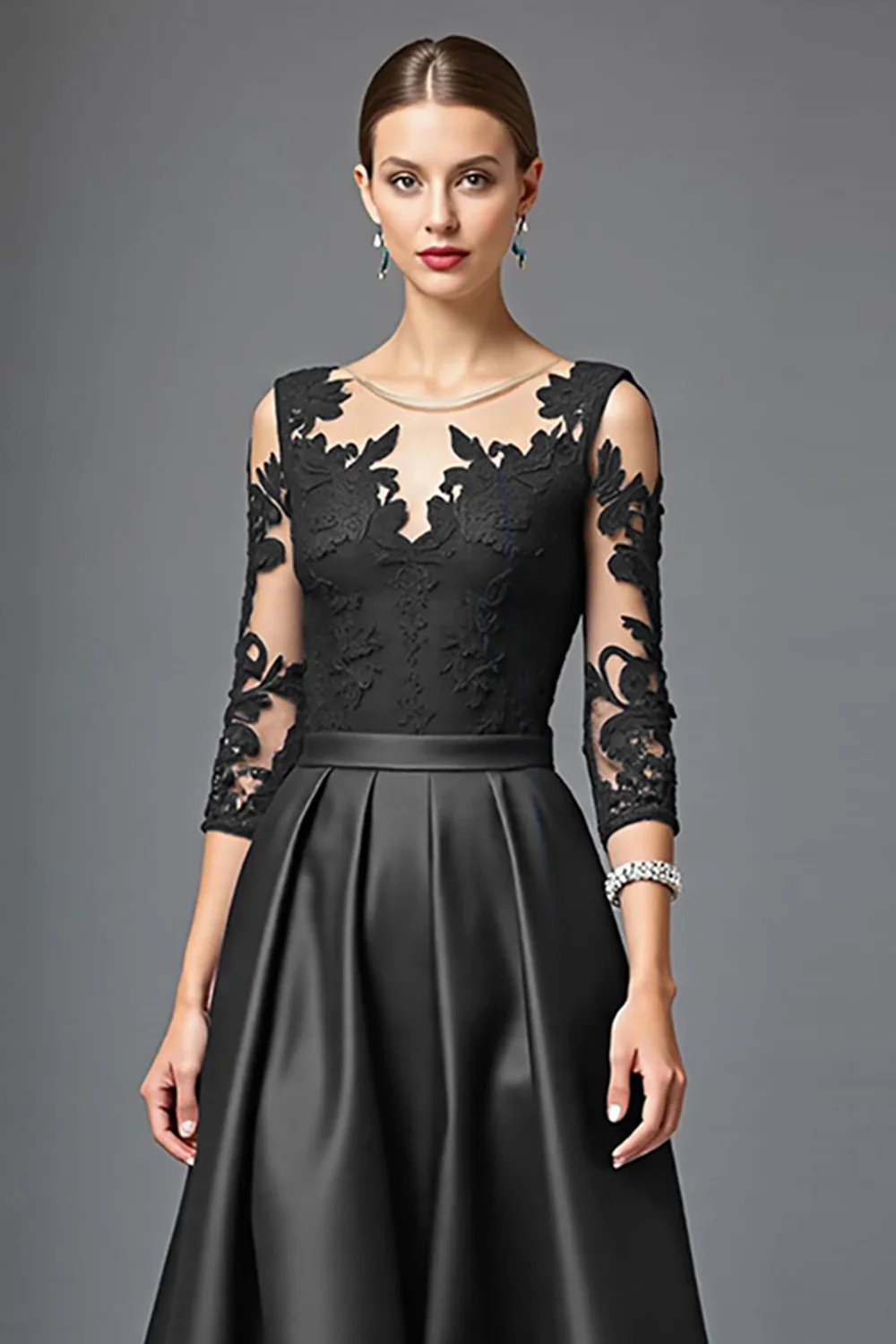 Black Satin A Line Long Mother of the Bride Dress with Lace - VNBITS